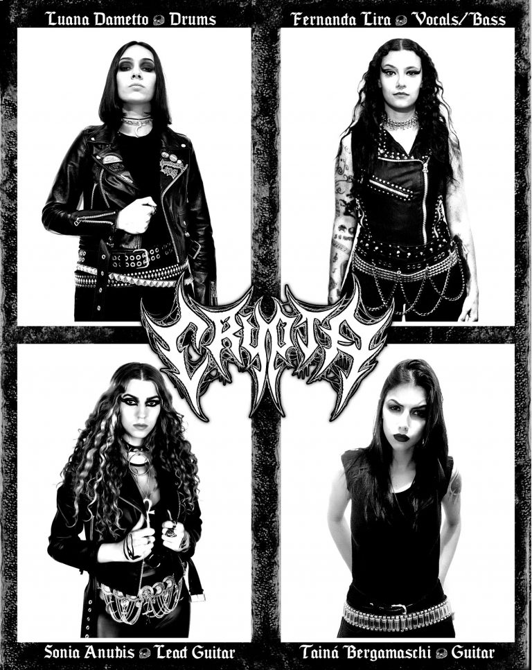 Sonia em cartaz de anúncio da formação da banda Crypta com as brasileiras Tainá Bergamaschi, Fernanda Lira e Luana Dametto